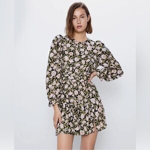 ZARA Floral Print Puff Sleeve Long Sleeve Mini Dress 8533/186 Size XS $70